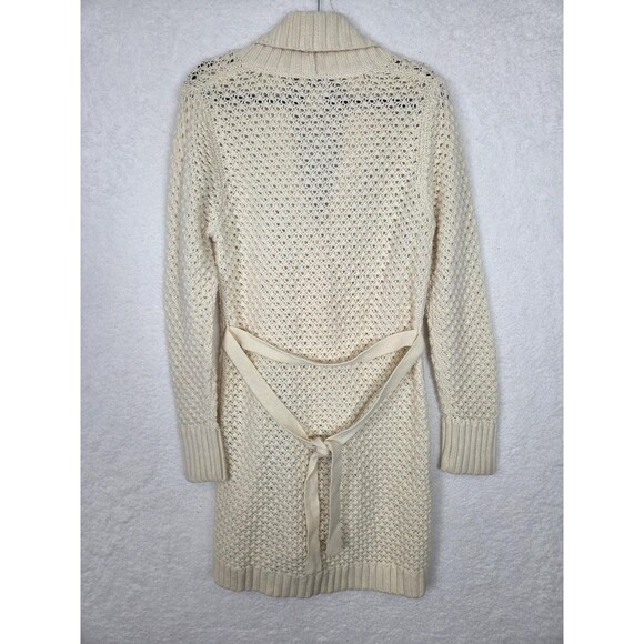L.L.Bean Wool Angora Sweater L Cream Belted Shawl Collar Button Long Cardigan - Picture 2 of 9